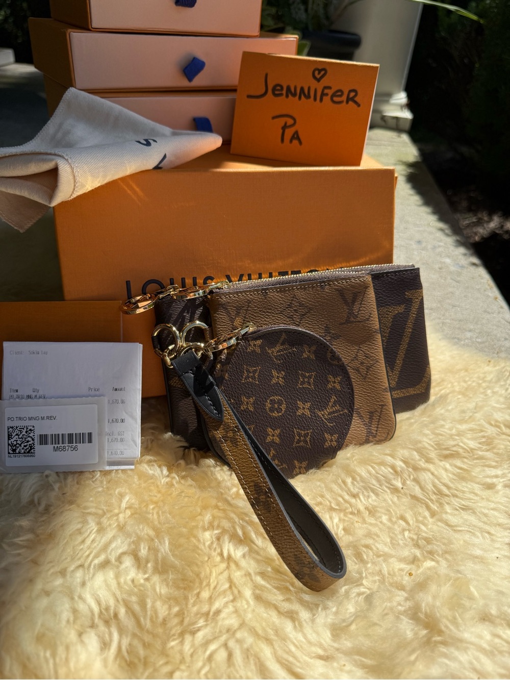 Louis Vuitton Brown Monogram Triple Pouch Wristlet with Gold Hardware